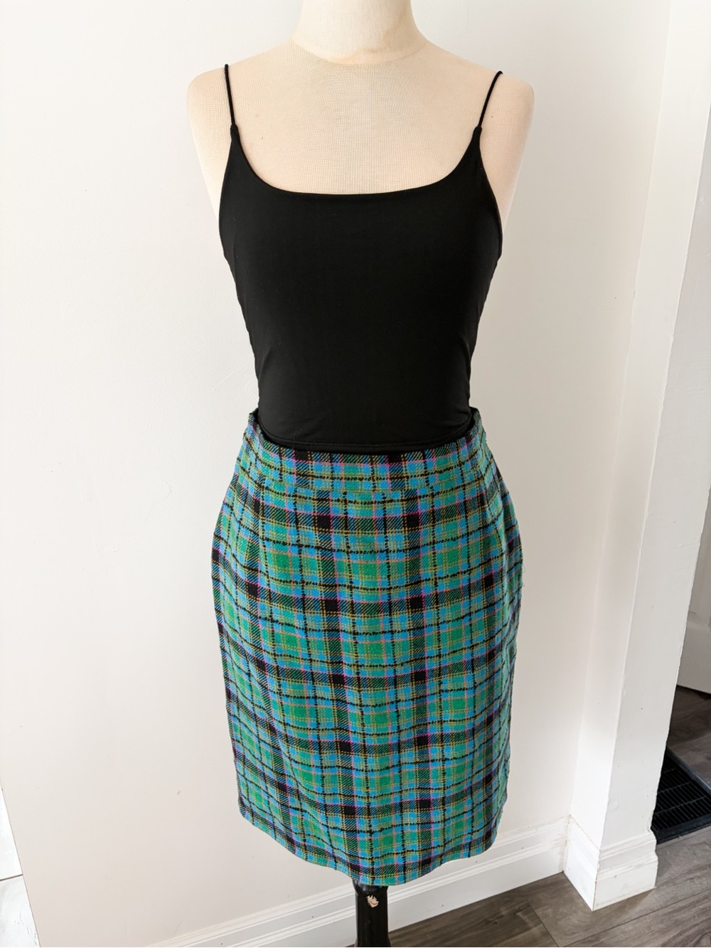 Vintage AGMIR Green and Blue Plaid Pencil Skirt, Size EU 42 - Made in Europe